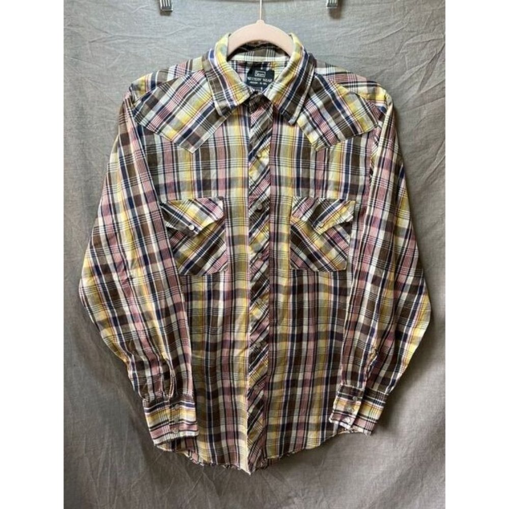 Vintage Western Wear Button Up Shirt Adult Medium Brown Yellow Long Sleeve Mens.